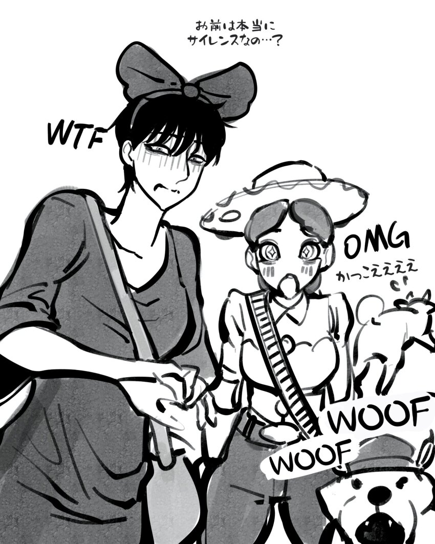 2girls :o ayaki_blade bag bandolier belt belt_buckle bow breasts buckle check_translation commentary_request cosplay cowboy_hat dog dress fangs frown greyscale hair_bow hairband hat highres holding holding_bag jessie_the_yodeling_cowgirl jessie_the_yodeling_cowgirl_(cosplay) kiki_(majo_no_takkyuubin) kiki_(majo_no_takkyuubin)_(cosplay) loki_(marvel) loki_(marvel)_(cosplay) long_dress majo_no_takkyuubin marvel medium_breasts monochrome multiple_girls open_mouth original red-haired_girl_(ayaki) short_hair thor_(marvel) thor_(marvel)_(cosplay) tomoka_(ayaki) toy_story translation_request