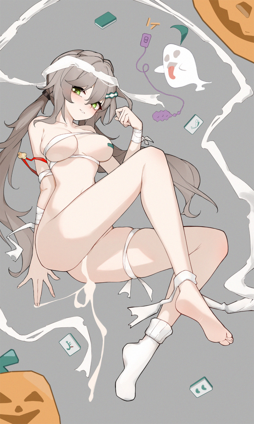1girl bandage_on_thigh bandaged_arm bandages blush breasts egg_vibrator full_body ghost green_eyes grey_background halloween highres honkai:_star_rail honkai_(series) implied_after_masturbation inniyik jack-o&#039;-lantern light_brown_hair long_hair looking_at_viewer low_twintails mahjong mahjong_tile medium_breasts naked_bandage parted_lips pussy_juice qingque_(honkai:_star_rail) sex_toy single_bare_foot single_pasty single_sock skindentation socks soles solo twintails vibrator