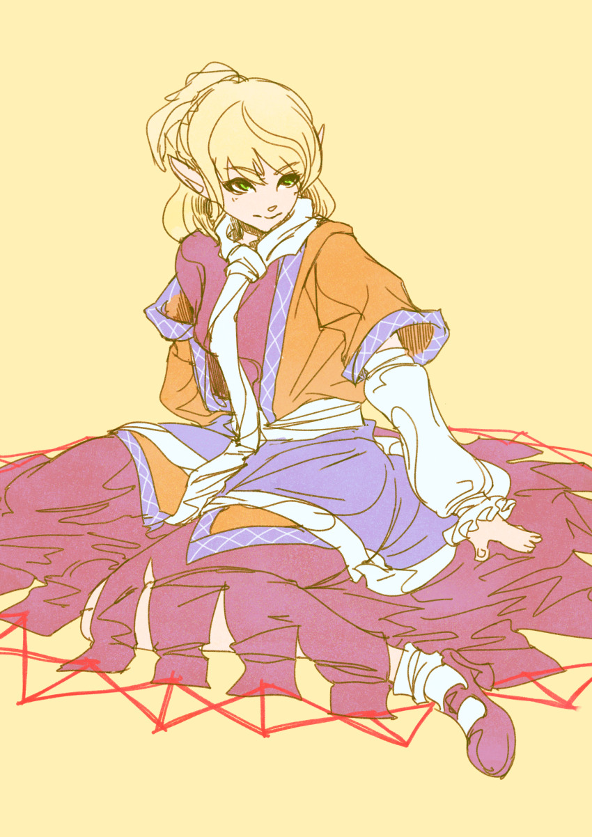 1girl blonde_hair brown_shirt commentary_request dress full_body green_eyes half_updo highres looking_afar mizuhashi_parsee open_mouth pointy_ears ponytail purple_dress purple_shoes scarf shirt shoes short_hair short_ponytail short_sleeves simple_background sitting socks solo touhou ukiwagirl white_scarf white_socks yellow_background