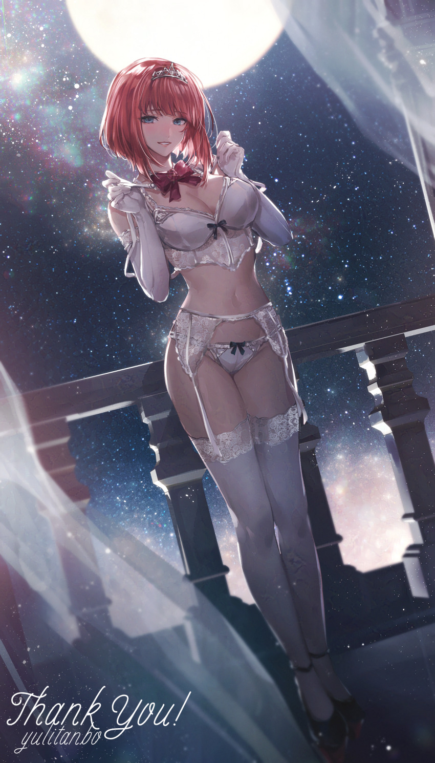 1girl alternate_costume ark_royal_(kancolle) backlighting black_shoes blue_eyes blurry bow bowtie bra breasts cleavage commission corset depth_of_field dutch_angle elbow_gloves full_body full_moon garter_belt gloves grin hands_up highres kantai_collection large_breasts lingerie looking_at_viewer moon navel night night_sky panties platform_shoes pulling_own_clothes red_hair shoes short_hair skeb_commission sky smile solo spaghetti_strap standing star_(sky) starry_sky stomach thighhighs thighs tiara underwear underwear_only white_bra white_gloves white_panties white_thighhighs yuli_(yulipo)