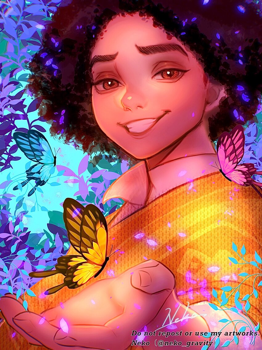 1boy absurdres brown_eyes brown_hair bug butterfly camilo_madrigal colombian_clothes curly_hair dark-skinned_male dark_skin encanto highres insect male_focus nyamunekonabe poncho shirt short_hair smile white_shirt