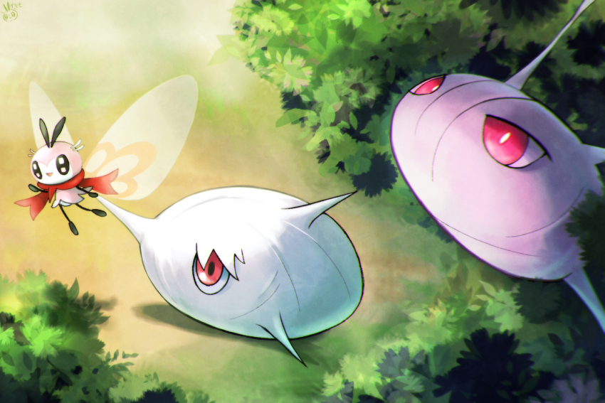 :d alternate_color black_eyes bright_pupils bush cascoon cbpea1 commentary_request day gen_3_pokemon gen_7_pokemon holding nintendo no_humans open_mouth outdoors pink_eyes pokemon pokemon_(creature) red_scarf ribombee scarf shiny_pokemon silcoon smile white_pupils