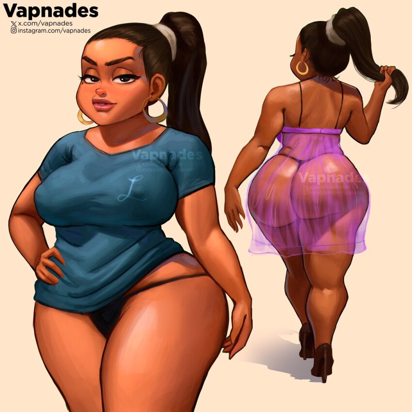 1girl artist_name ass black_hair black_panties blue_shirt dark-skinned_female dark_skin dress earrings hand_on_own_hip huge_ass instagram_logo instagram_username jewelry leshawna_(total_drama) long_hair multiple_views panties pink_dress ponytail see-through_clothes see-through_dress shirt short_sleeves sleeveless sleeveless_dress thick_thighs thighs total_drama twitter_username twitter_x_logo underwear vapnades very_dark_skin watermark web_address wide_hips