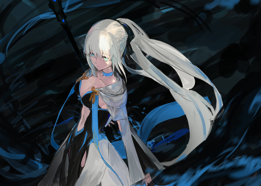 1girl absurdres black_bow blue_eyes bow braid breasts cleavage clothing_cutout dress fate/grand_order fate_(series) grey_hair hair_bow highres large_breasts long_hair long_sleeves looking_at_viewer morgan_le_fay_(fate) ponytail sidelocks solo staff stomach_cutout two-tone_dress very_long_hair yorurokujuu