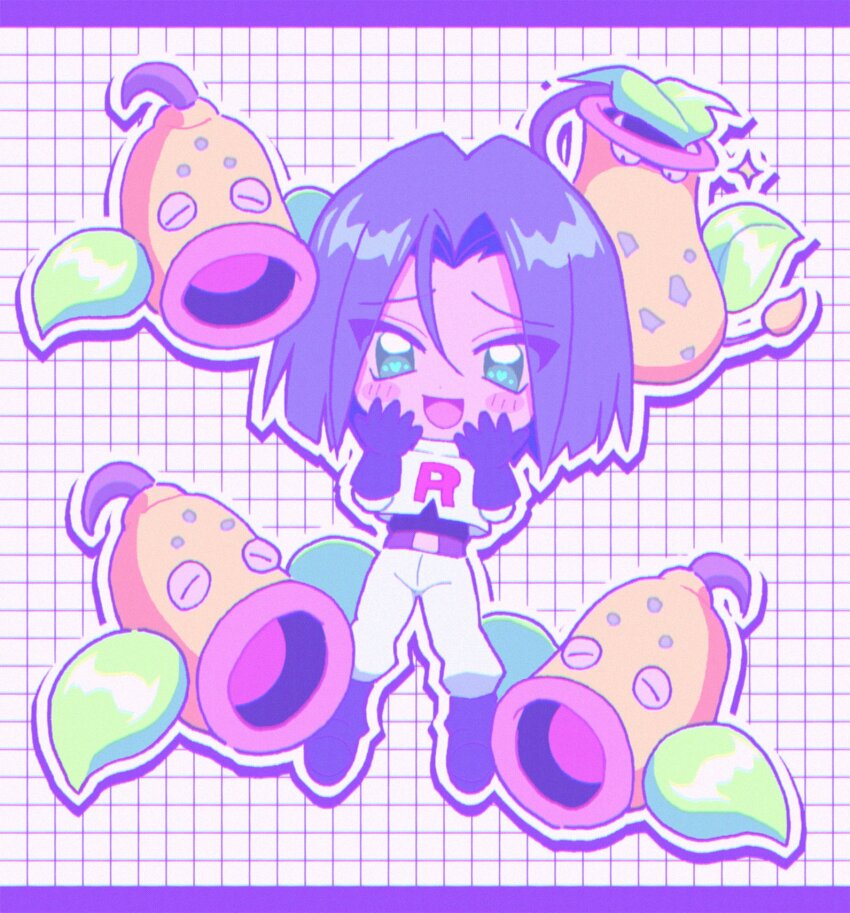 1boy blush boots chibi gen_1_pokemon gloves green_eyes happy highres james_(pokemon) macchiromomomo nintendo open_mouth pokemon pokemon_(anime) pokemon_(classic_anime) pokemon_(creature) purple_hair sparkling_eyes team_rocket team_rocket_uniform victreebel weepinbell