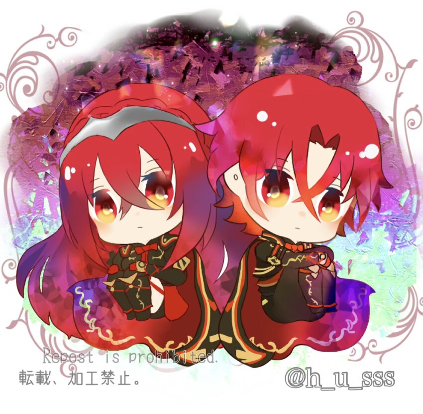 1boy 1girl black_cape cape closed_mouth crossed_bangs dark_persona female_alear_(fell_dragon)_(fire_emblem) female_alear_(fire_emblem) female_alear_(red_days_past)_(fire_emblem) fire_emblem fire_emblem_engage fire_emblem_heroes h_u_sss hair_between_eyes highres looking_at_viewer male_alear_(fell_dragon)_(fire_emblem) male_alear_(fell_dragon_child)_(fire_emblem) male_alear_(fire_emblem) nintendo official_alternate_color official_alternate_costume official_alternate_eye_color red_eyes red_hair