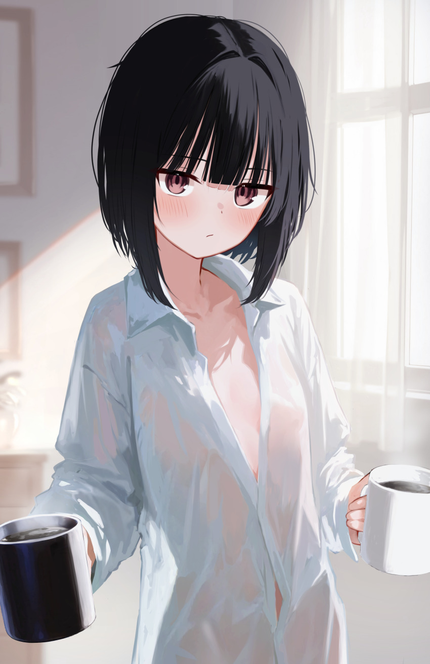 1girl absurdres black_hair blurry blurry_background blush bob_cut bob_cut_girl_(memekko) closed_mouth collarbone commentary_request cowboy_shot cup curtains flat_chest highres holding holding_cup indoors inverted_bob jitome looking_at_viewer memekko mug original paid_reward_available portrait_(object) see-through_clothes see-through_shirt see-through_silhouette shirt sidelighting solo standing steam sunlight white_shirt window