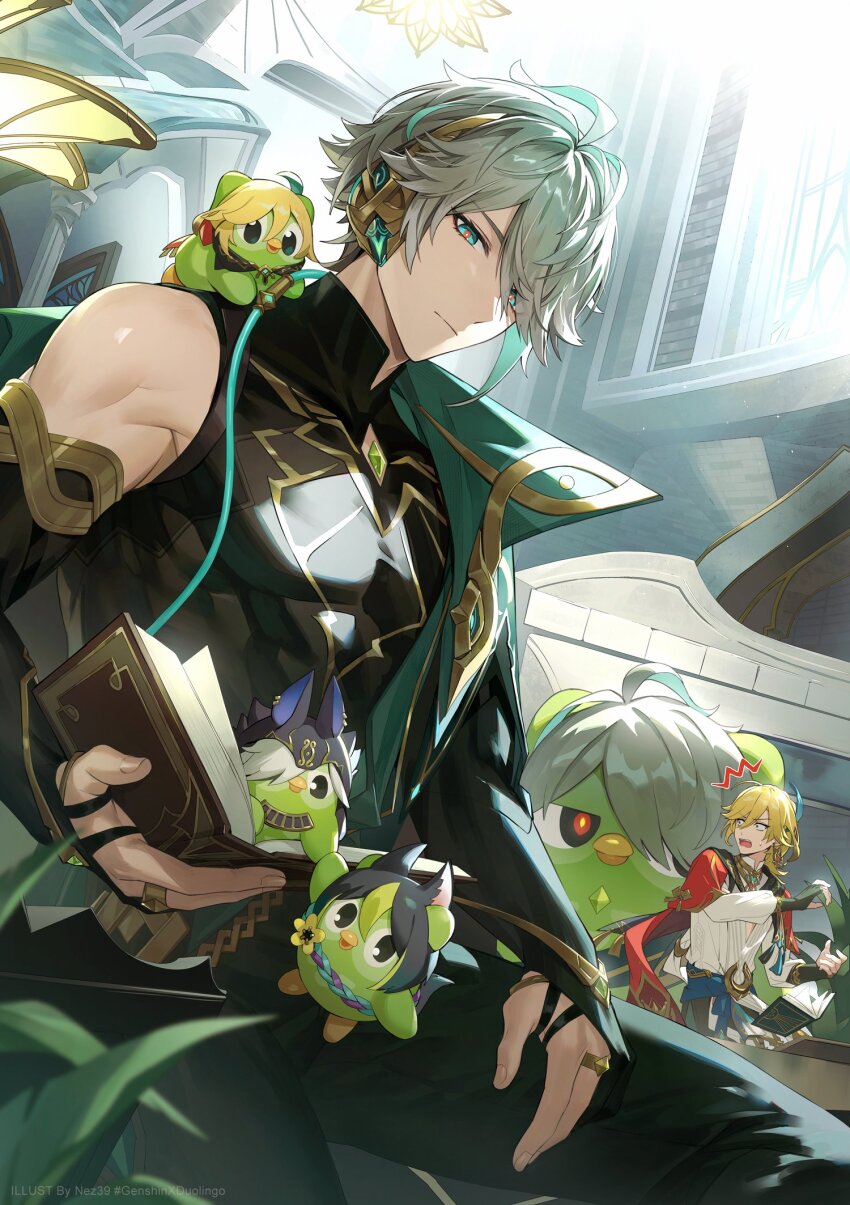 1other 4boys ahoge alhaitham_(genshin_impact) animal animal_ear_headwear animal_on_shoulder bird bird_on_shoulder blonde_hair book cape colored_inner_hair compression_shirt constricted_pupils cyno_(genshin_impact) duo_(duolingo) duolingo earrings fake_animal_ears feather_hair_ornament feathers genshin_impact gloves green_eyes green_hair grey_hair hair_between_eyes hair_ornament hair_over_one_eye highres holding holding_book indoors jewelry kaveh_(genshin_impact) long_sleeves looking_at_another multicolored_hair multiple_boys nez39 partially_fingerless_gloves puffy_long_sleeves puffy_sleeves red_cape shirt sleeveless sleeveless_shirt streaked_hair surprised swept_bangs tighnari_(genshin_impact) toned toned_male white_hair white_shirt