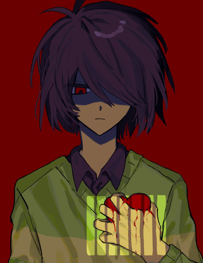 1other absurdres black_shirt blood brown_hair chinese_commentary closed_mouth collared_shirt commentary deltarune green_sweater hair_over_one_eye heart highres holding holding_heart hollowrabknight kris_(deltarune) looking_down other_focus partially_shaded_face portrait red_background shadow shirt short_hair simple_background striped_clothes striped_shirt sweater