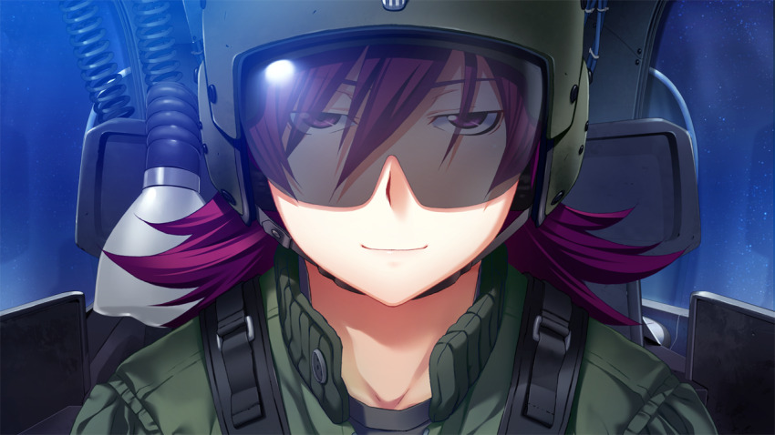 1girl closed_mouth cockpit flight_suit fumio_(ura_fmo) game_cg green_helmet green_jumpsuit grisaia_(series) grisaia_no_rakuen hair_between_eyes helmet jumpsuit large_variant_set looking_at_viewer medium_hair milliela_stanfield night non-web_source official_art pilot_helmet portrait purple_eyes purple_hair smile solo star_(sky) variant_set
