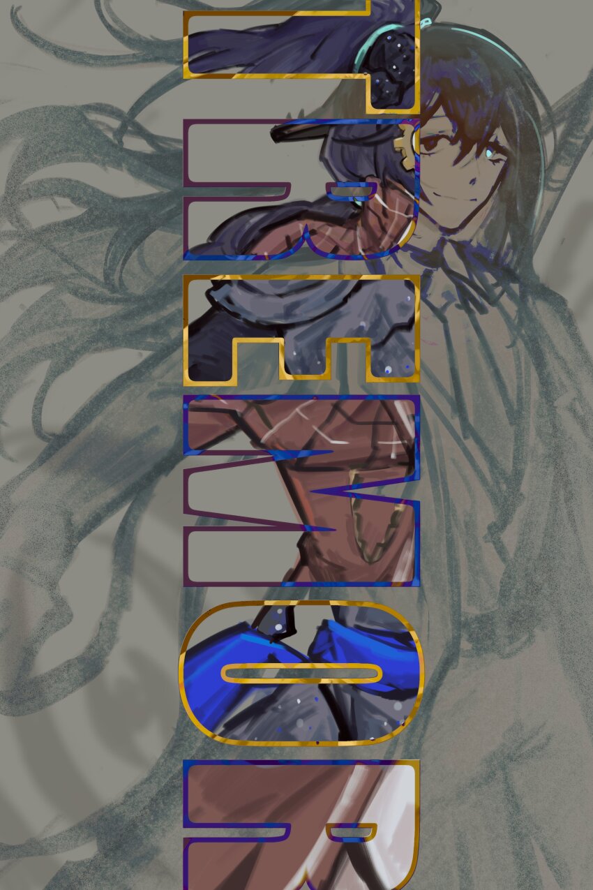 1boy absurdres aqua_eyes black_hair blue_sash brown_coat cavernous_wailing_(e.g.o) closed_mouth coat collared_shirt cowboy_shot e.g.o_(project_moon) gears half_updo heterochromia highres hong_lu_(project_moon) kalliope_orc lapels limbus_company long_hair long_sleeves looking_at_viewer necktie notched_lapels project_moon revealing_layer sash shirt smile solo spot_color very_long_hair yurodiviye_(identity)_(project_moon)