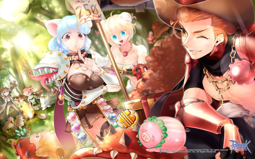 2boys 3girls :3 amistr_(ragnarok_online) animal_ears armor black_gloves black_pants blonde_hair blue_eyes blue_hair breasts brown_dress bun_cover campfire cat_ears chain chain_necklace chest_sarashi coat copyright_notice cross cross_necklace cross_of_prontera day double_bun dress feet_out_of_frame fingerless_gloves fire flask flying_sweatdrops forest gauntlets genetic_(ragnarok_online) gloves green_scarf green_thighhighs grey_coat guest_art hair_bun hair_slicked_back highres jewelry large_breasts living_clothes logo magic mask masked mechanic_(ragnarok_online) medium_breasts multiple_boys multiple_girls mushroom nature necklace no_nipples official_art official_wallpaper oitan one_eye_closed open_clothes open_coat open_mouth orange_eyes orange_hair outdoors pants pauldrons piglet pink_hair poring potion pyrokinesis raccoon ragnarok_online ranger_(ragnarok_online) red_armor round-bottom_flask sarashi savage_babe scarf sharp_teeth short_dress short_hair shoulder_armor shrug_(clothing) sitting slime_(creature) smiley_face spore_(ragnarok_online) standing sura_(ragnarok_online) teeth thighhighs tree upper_body vambraces vial warlock_(ragnarok_online) wolf