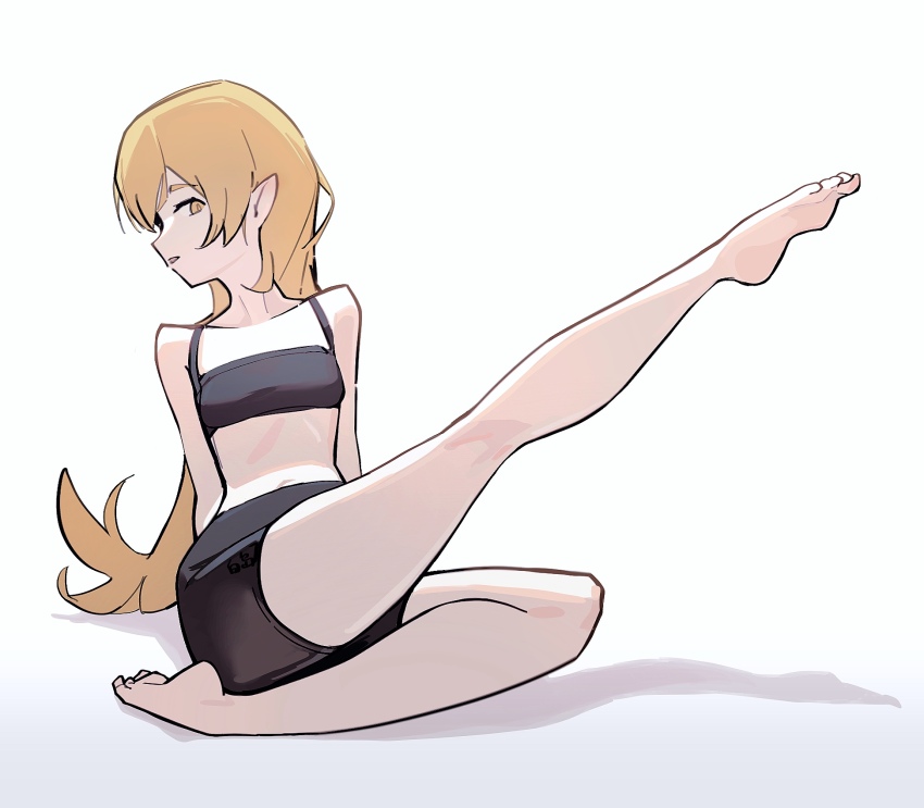 1girl arm_support arms_behind_back baisebandaoti1 bare_shoulders barefoot black_shorts black_sports_bra blonde_hair breasts collarbone commentary english_commentary exercising feet full_body hair_between_eyes highres leaning_back long_hair looking_at_viewer midriff monogatari_(series) navel on_ground oshino_shinobu pointy_ears shadow shorts simple_background small_breasts soles solo sports_bra toes turning_head very_long_hair white_background yellow_eyes yoga