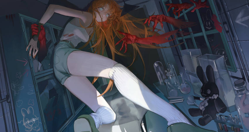 absurdres at_wang bare_shoulders beaker blue_eyes breasts chemistry_set disembodied_hand feet graffiti green_shoes green_shorts highres horror_(theme) indoors jar kneehighs legs long_hair looking_at_viewer medium_breasts original shadow shirt shoes shorts socks spaghetti_strap stuffed_animal stuffed_rabbit stuffed_toy tile_wall tiles white_shirt white_socks window