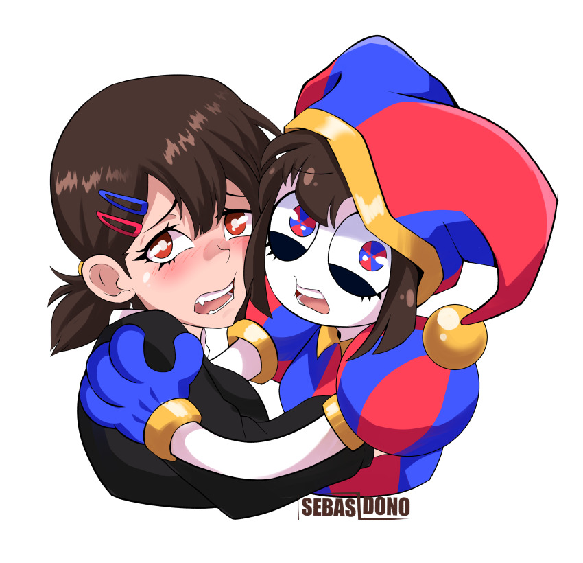 2girls absurdres black_shirt blush brown_hair chainsaw_man commentary cropped_torso hair_ornament hairclip hat higashiyama_kobeni highres jester_cap looking_at_viewer multiple_girls open_mouth pomni_(the_amazing_digital_circus) puffy_short_sleeves puffy_sleeves red_eyes sebasdono shirt short_hair short_sleeves simple_background striped_clothes the_amazing_digital_circus upper_body vertical-striped_clothes white_background