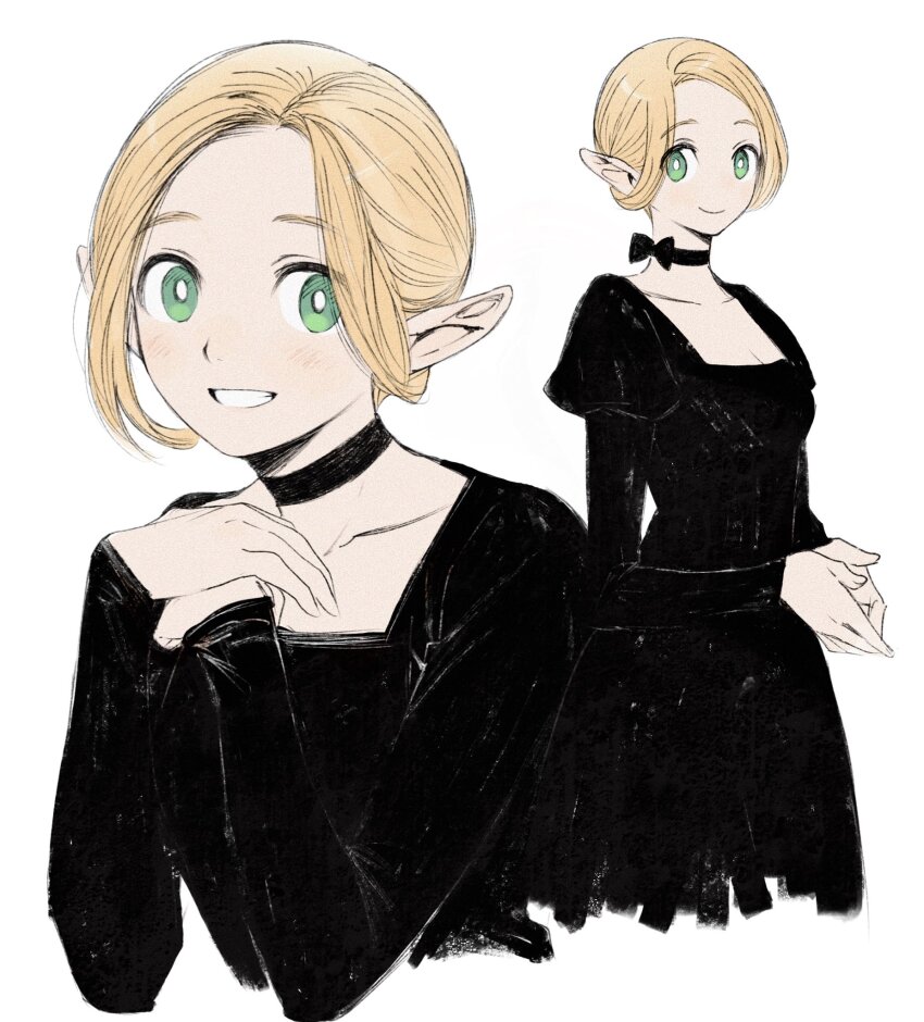 1girl black_bow black_choker black_dress blonde_hair blush bow choker collarbone cropped_torso dress dungeon_meshi elf frs2 green_eyes grin hands_up highres juliet_sleeves long_sleeves marcille_donato marcille_donato_(lord) pointy_ears puffy_sleeves smile teeth white_background