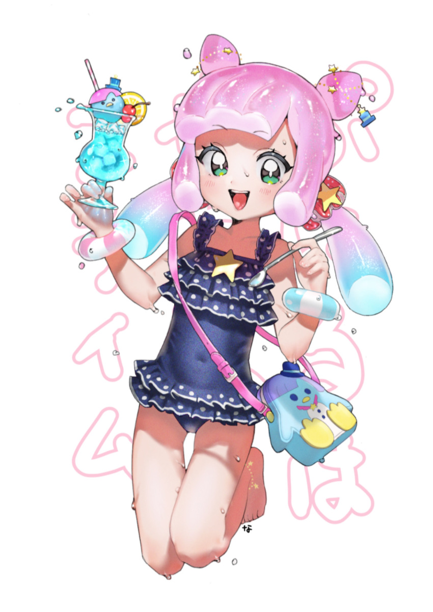 1girl bag bird blunt_bangs bracelet cherry covered_navel double_bun drinking_straw eyelashes food frilled_one-piece_swimsuit frills fruit gradient_hair green_eyes hair_bun handbag highres holding holding_spoon jewelry lemon lemon_slice multicolored_hair nanja official_alternate_costume official_alternate_hairstyle one-piece_swimsuit penguin pink_hair puniru_(puniru_wa_kawaii_slime) puniru_wa_kawaii_slime sidelocks spoon swimsuit swimsuit_kawaii_puniru thigh_gap tropical_drink twintails white_background