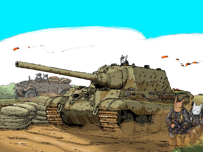 5boys assault_rifle cannon caterpillar_tracks gun highres holding holding_gun holding_weapon jagdtiger kubelwagen military_vehicle motor_vehicle multiple_boys original rifle sandbag stg44 tank vehicle_focus weapon yabarn