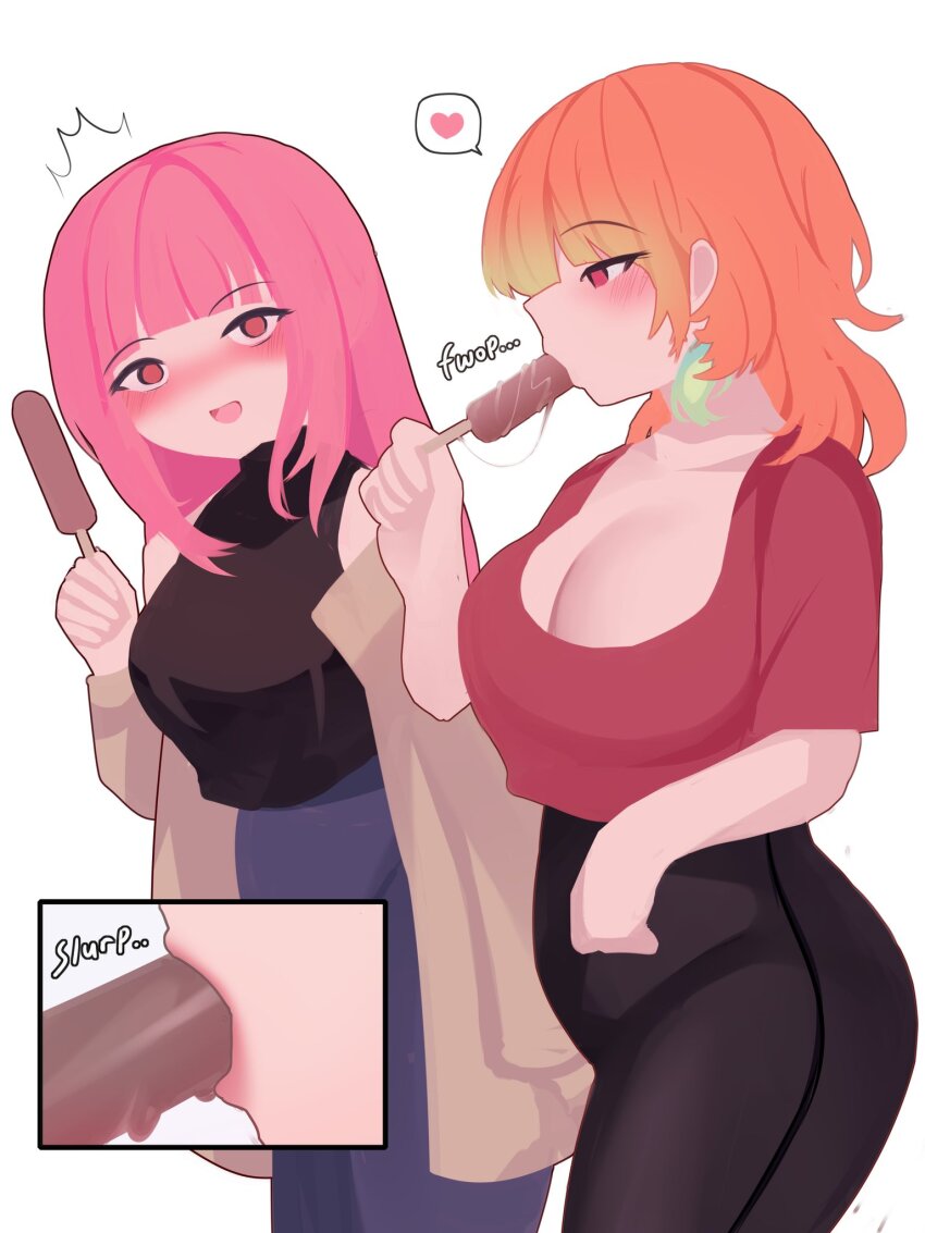 2girls alternate_costume blush breasts couple earrings feather_earrings feathers female_pervert highres hololive hololive_english jewelry large_breasts long_hair long_sleeves mori_calliope multicolored_hair multiple_girls open_mouth pervert pink_hair purple_eyes sexually_suggestive simple_background takanashi_kiara viqur virtual_youtuber white_background wife_and_wife yuri