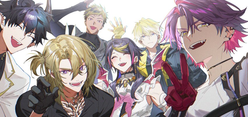 6+boys :d ^_^ absurdres ahoge arm_up black_choker black_coat black_gloves black_hair black_horns black_shirt blonde_hair blue_eyes blush brown_hair bulletproof_vest chest_tattoo choker claw_pose closed_eyes closed_mouth coat collared_shirt colored_inner_hair commentary covered_collarbone crossed_bangs dark-skinned_male dark_skin demon_wings ear_piercing earrings english_commentary eyebrow_cut facial_scar fangs fingerless_gloves frills gloves gradient_hair grey_shirt grey_vest hair_between_eyes hair_intakes hair_ornament hair_over_shoulder hairclip hand_up highres horns jacket jewelry kaohom503 lapels long_hair long_sleeves looking_at_viewer luca_kaneshiro luca_kaneshiro_(1st_costume) male_focus medium_hair multicolored_eyes multicolored_hair multiple_boys necklace nijisanji nijisanji_en open_clothes open_coat open_mouth parted_bangs piercing pink_hair pointy_ears purple_eyes purple_hair red_gloves ren_zotto ren_zotto_(1st_costume) scar scar_on_cheek scar_on_face scar_on_forehead shirt short_hair short_sidetail shu_yamino shu_yamino_(1st_costume) simple_background single_earring sleeveless sleeveless_shirt smile sonny_brisko sonny_brisko_(1st_costume) streaked_hair swept_bangs tattoo teeth turtleneck two-tone_hair upper_body upper_teeth_only v v-shaped_eyebrows vantacrow_bringer vest virtual_youtuber watarai_hibari watarai_hibari_(1st_costume) white_background white_hair white_jacket white_shirt white_wings wings yellow_eyes yellow_gloves