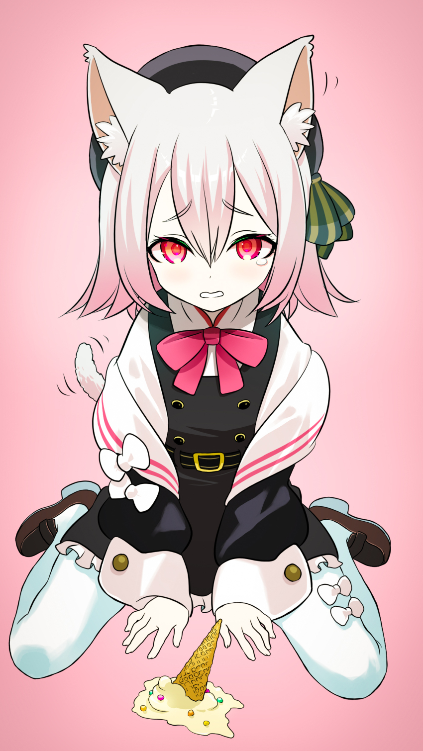 1girl absurdres akai_kuro animal_ears belt black_belt black_dress black_hat black_jacket blush bow bow_legwear bowtie brown_shoes cat_ears cat_girl cat_tail dress dropped_food food green_bow hat hat_bow highres ice_cream ice_cream_cone jacket long_sleeves looking_at_viewer off-shoulder_jacket off_shoulder open_clothes open_jacket parted_lips pink_background pink_hair red_bow red_bowtie red_eyes sad sayo_(voicevox) shirt shoes short_hair sitting sleeveless sleeveless_dress striped_bow tail tears teeth thighhighs voicevox white_bow white_shirt white_thighhighs