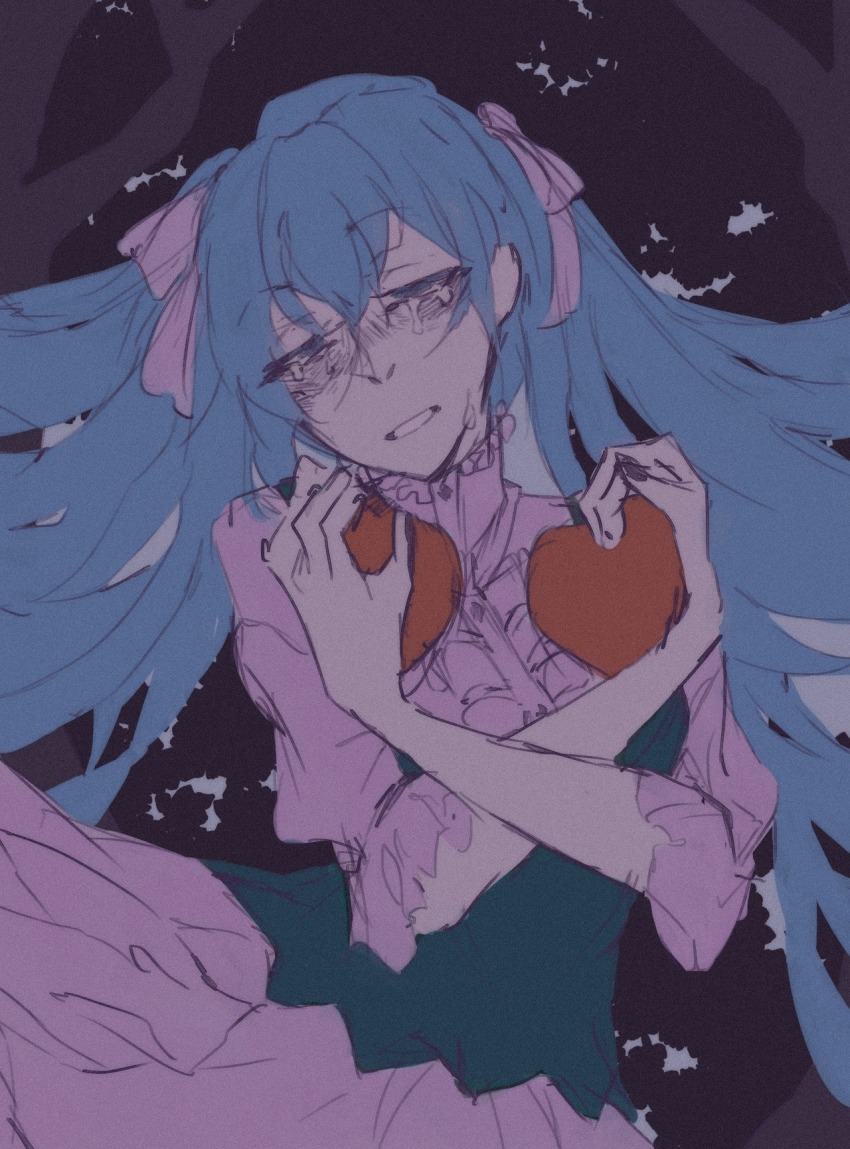 1girl apple bad_id bad_tumblr_id bags_under_eyes blesseria crying crying_with_eyes_open empty_eyes eve_moonlit evillious_nendaiki female_focus food forest frilled_shirt frills fruit hatsune_miku highres holding holding_food holding_fruit moonlit_bear_(vocaloid) nature night pale_skin shirt short_sleeves sketch solo tears twintails vocaloid