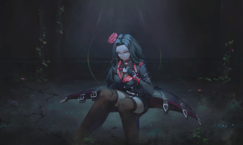 1girl absurdres black_gloves black_jacket black_skirt breasts brown_thighhighs cleavage feet_out_of_frame fingerless_gloves flower gloves goddess_of_victory:_nikke hair_flower hair_ornament highres jacket large_breasts long_hair long_sleeves looking_at_viewer maiden_(nikke) mienpp red_eyes red_flower red_rose rose see-through_cleavage see-through_clothes sitting skirt solo thighhighs tongue tongue_out tongue_tattoo zettai_ryouiki
