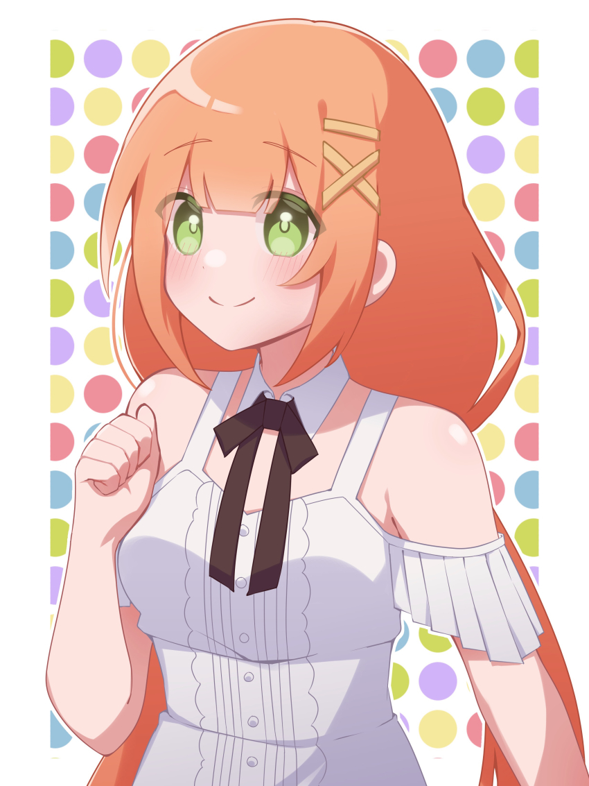 1girl absurdres armpit_crease bare_shoulders black_ribbon blunt_bangs blush breasts buttons center_frills clenched_hand closed_mouth detached_collar dress frills green_eyes hair_ornament highres kingdom_hearts kingdom_hearts_iv kingdom_hearts_x long_hair looking_at_viewer low_twintails medium_breasts orange_hair polka_dot polka_dot_background ribbon shiny_skin sidelocks smile solo strelitzia_(kingdom_hearts) twintails upper_body very_long_hair w3n6ev white_dress x_hair_ornament