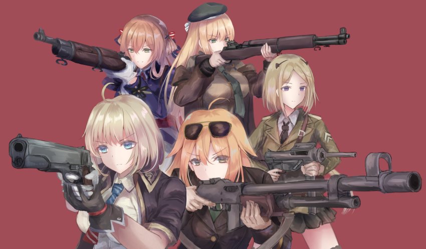 5girls absurdres ahoge american_flag american_flag_print automatic_rifle bolt_action eyewear_on_head finger_on_trigger flag_print girls&#039;_frontline gloves gun handgun highres holding holding_gun holding_weapon light_machine_gun m1903_springfield m1911 m1911_(girls&#039;_frontline) m1918_(girls&#039;_frontline) m1918_bar m1_garand m1_garand_(girls&#039;_frontline) m3_(girls&#039;_frontline) m3_submachine_gun machine_gun martinreaction military military_uniform multiple_girls country_connection necktie red_background rifle springfield_(girls&#039;_frontline) submachine_gun sunglasses trigger_discipline weapon