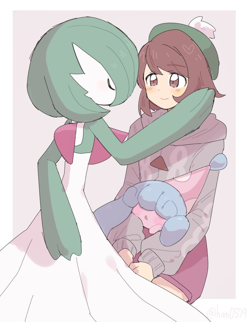 1girl blush brown_eyes brown_hair cardigan closed_mouth dress gardevoir gen_3_pokemon gen_8_pokemon gloria_(pokemon) green_hat grey_cardigan han0579 hat hatenna highres holding hood hooded_cardigan long_sleeves looking_at_viewer nintendo open_mouth pokemon pokemon_(creature) pokemon_swsh short_hair simple_background smile tam_o&#039;_shanter