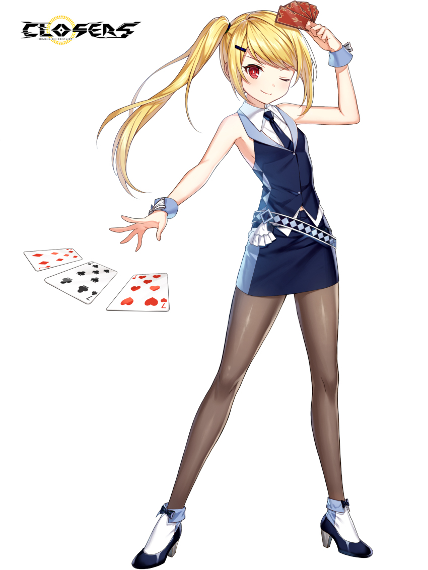 1girl ;) alternate_hair_color ankle_boots arm_up bare_arms bare_shoulders belt blonde_hair blue_belt blue_boots blue_bow blue_necktie blue_skirt blue_vest blue_wrist_cuffs boots bow breasts bright_pupils brown_pantyhose card closers collared_shirt copyright_name croupier dress_shirt floating_card fold-over_boots footwear_bow full_body hair_ornament hairclip hand_up high_heels highres holding holding_card legs_apart logo long_hair looking_at_viewer miniskirt multicolored_boots necktie official_art one_eye_closed outstretched_arm pantyhose pencil_skirt playing_card ponytail red_eyes seth_(closers) seven_of_clubs seven_of_diamonds seven_of_hearts shirt sidelocks skirt sleeveless sleeveless_shirt small_breasts smile solo standing swept_bangs tachi-e throwing two-tone_boots vest waistcoat white_background white_boots white_bow white_pupils white_shirt wrist_bow wrist_cuffs
