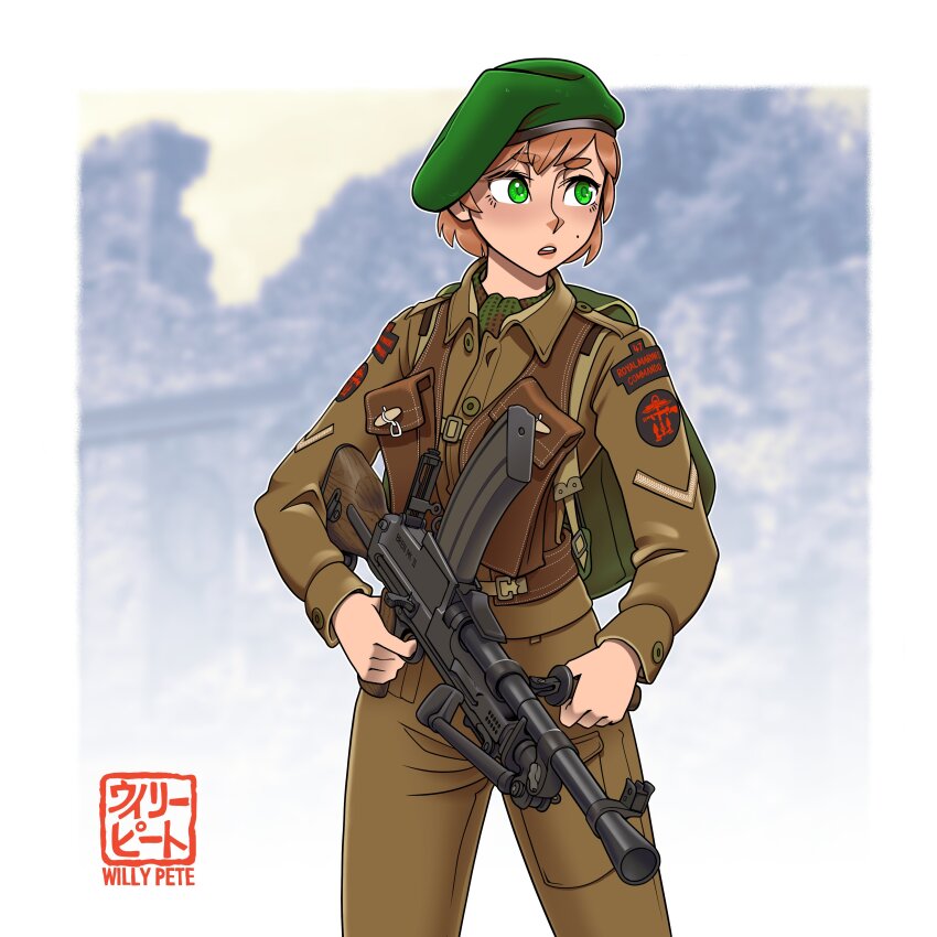 1girl absurdres artist_name backpack bag beret bren_lmg brown_hair brown_jacket brown_pants commentary english_commentary green_eyes green_hat gun hat highres holding holding_gun holding_weapon jacket light_machine_gun long_sleeves looking_to_the_side machine_gun mole original pants parted_lips short_eyebrows short_hair solo thick_eyebrows weapon willy_pete