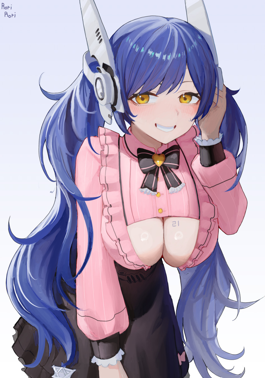 1girl absurdres alternate_costume alternate_hairstyle artist_name black_bow black_skirt blue_background blue_hair blush bow breasts cleavage cowboy_shot girls&#039;_frontline gradient_background hand_up headgear hexagram highres large_breasts long_hair looking_at_viewer number_tattoo parted_lips pink_shirt rorirori_(rorirori45) shirt simple_background skirt smile solo star_of_david tar-21_(girls&#039;_frontline) tattoo teeth twintails white_background yellow_eyes