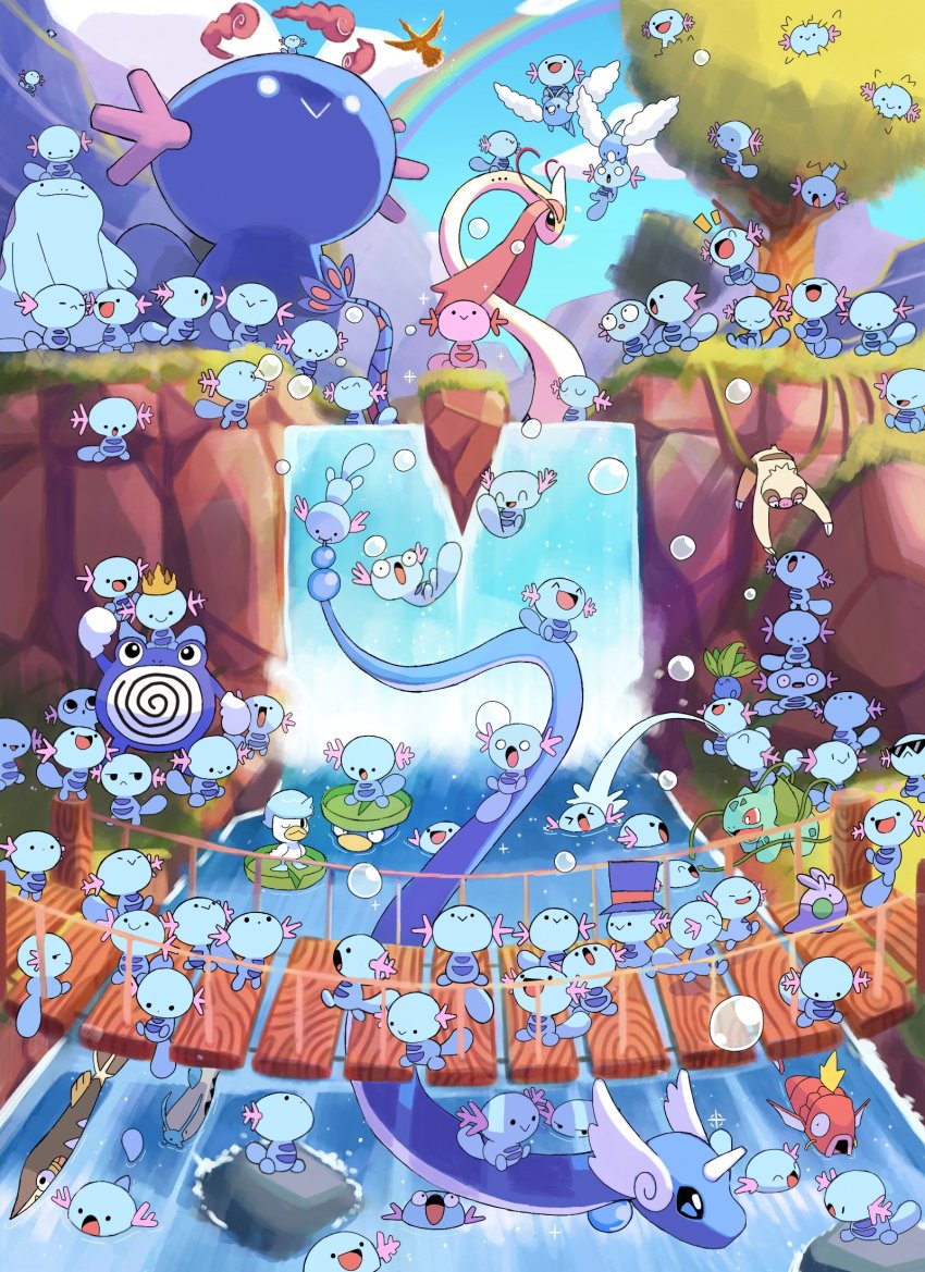 &gt;_&lt; :&gt; :&lt; :i ^_^ alternate_color arrokuda barboach blue_headwear blue_sky bridge bubble bulbasaur bulging_eyes carrying closed_eyes clothed_pokemon crown dragonair dynamax falling fish flying gen_1_pokemon gen_2_pokemon gen_3_pokemon gen_6_pokemon gen_8_pokemon glowing goomy hat highres ho-oh in_tree king&#039;s_rock legendary_pokemon lotad magikarp milotic nintendo no_humans o_o oddish on_head partially_submerged pauldrawsart plant pokemon pokemon_(creature) pokemon_on_head poliwrath quagsire quaxly rainbow riding riding_pokemon river rock shiny_and_normal shiny_pokemon sky slakoth squirting_liquid stream sunglasses surprised swablu swimming top_hat tree vines water waterfall wooden_bridge wooper