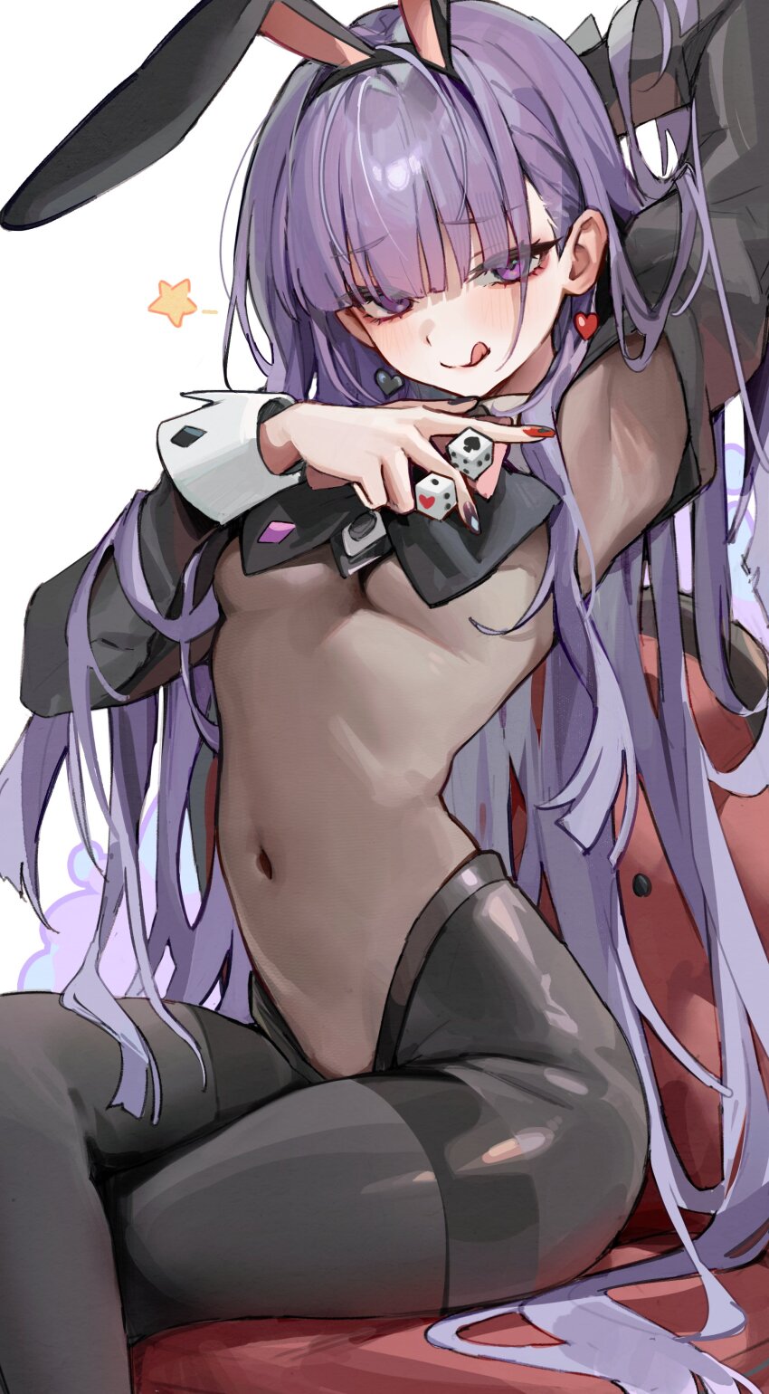 1girl :q absurdres animal_ear_hairband animal_ears arm_up black_bodysuit black_pantyhose black_shrug bodystocking bodysuit covered_armpit covered_navel crotchless crotchless_pantyhose dice earrings fake_animal_ears fungi542 hairband heart heart_earrings highres holding holding_dice jewelry looking_at_viewer original pantyhose purple_eyes purple_hair rabbit_ear_hairband rabbit_ears shrug_(clothing) solo tongue tongue_out