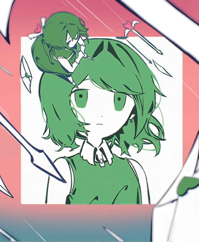 1girl arrow_(projectile) arrow_in_body barancheungba bare_shoulders border closed_mouth collared_dress dress envelope expressionless falling_letter floating_hair from_above frown gradient_border green_dress green_eyes green_hair heart heart_arrow highres holding holding_arrow iyowa_girls looking_at_viewer looking_up motion_lines multiple_views pink_border short_hair sleeveless sleeveless_dress speed_lines surreal tabun_owari_(vocaloid) tawari_(iyowa) walking