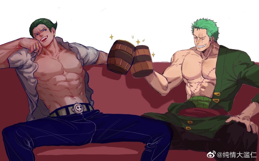 2boys abs bara bare_pectorals blonde_hair color_connection curly_eyebrows feet_out_of_frame glint green_hair grin highres large_pectorals male_focus multiple_boys muscular muscular_male navel nipples one_piece pectorals roronoa_zoro scar scar_across_eye scar_on_face short_hair smile sparkle sparkling_aura spread_legs stomach sweetdou3 toasting_(gesture) vinsmoke_yonji