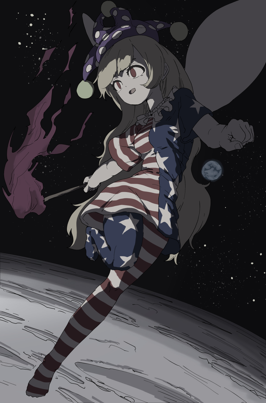 1girl absurdres american_flag_dress american_flag_legwear blonde_hair clownpiece commentary dress earth_(planet) fairy_wings full_body hat highres holding holding_torch jester_cap long_hair moon neck_ruff open_mouth pantyhose planet polka_dot red_eyes short_sleeves solo space star_(sky) star_(symbol) star_print striped_clothes torch touhou uzou_(uzooooooooo) wings