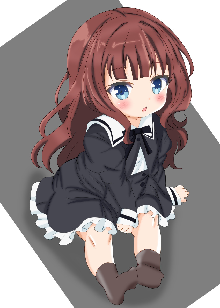 1girl absurdres aged_down arm_at_side assault_lily between_legs black_ribbon black_skirt blue_eyes blunt_bangs blush brown_hair brown_socks buttons child commentary cropped_jacket ebisu_nobu frilled_skirt frills full_body grey_background hand_between_legs high-waist_skirt highres juliet_sleeves kaede_johan_nouvel long_hair long_sleeves looking_at_viewer miniskirt neck_ribbon no_shoes parted_lips puffy_sleeves ribbon school_uniform shirt sidelocks sitting skirt socks solo two-tone_background wavy_hair white_background white_shirt yurigaoka_girls_academy_school_uniform