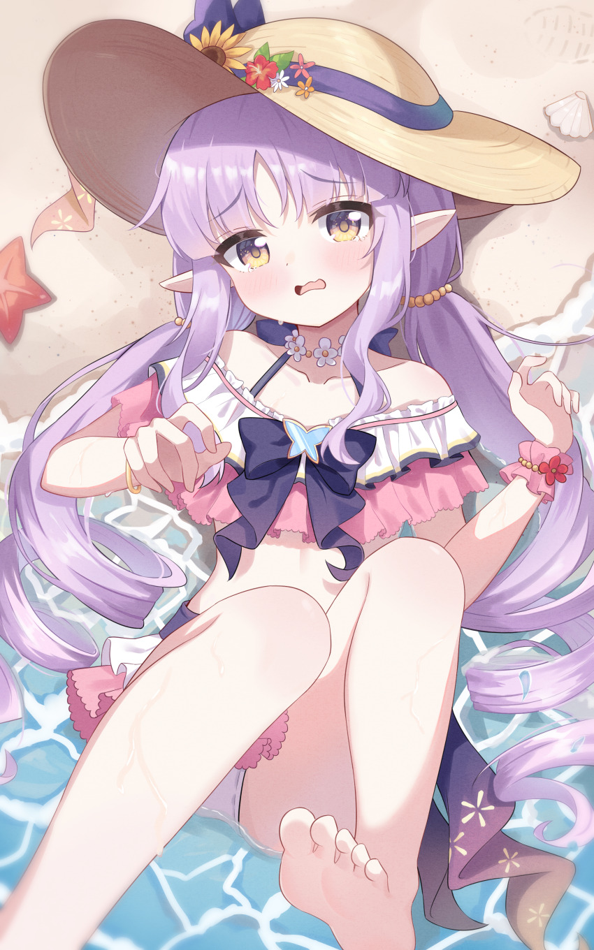 1girl absurdres bare_shoulders barefoot bikini bikini_skirt blush choker commentary_request elf exusiai_dust feet flower flower_choker foot_out_of_frame frilled_bikini frills hat hat_flower highres kyoka_(princess_connect!) kyoka_(summer)_(princess_connect!) legs_up long_hair looking_at_viewer lying multicolored_bikini off-shoulder_bikini off_shoulder on_back open_mouth pointy_ears princess_connect! purple_hair sand seashell shell sidelocks soles solo starfish straw_hat sun_hat sunflower swimsuit tearing_up toes twintails two-tone_bikini very_long_hair water wet white_bikini yellow_eyes