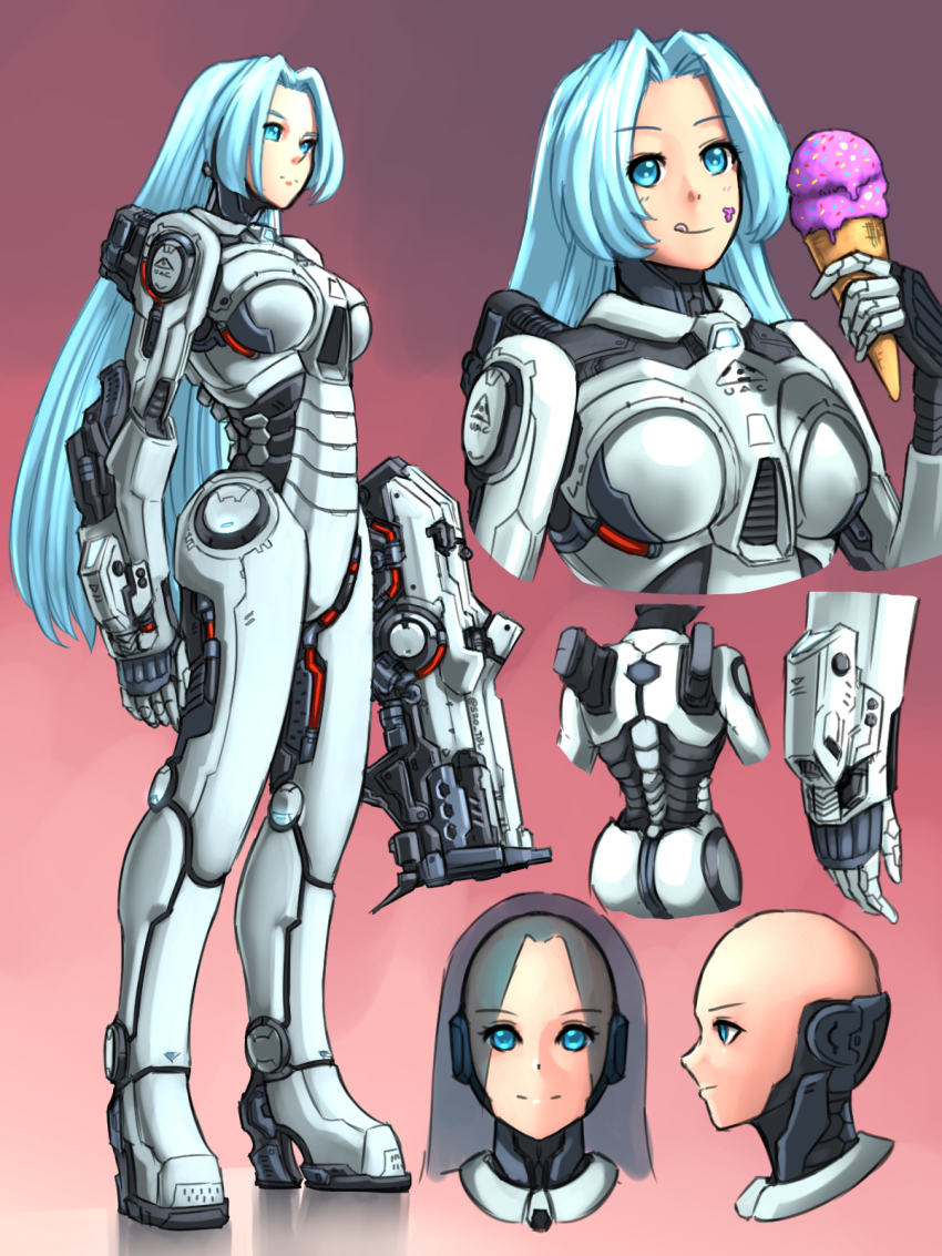 1girl arms_at_sides ass assault_rifle bald bald_female blue_eyes blue_hair breasts bullpup commentary cyberpunk cyborg directed-energy_weapon doom_(2016) doom_(series) energy_gun energy_weapon english_commentary gun highres ice_cream_cone joints licking_lips long_hair looking_at_viewer medium_breasts personification plasma_gun plasma_rifle plasma_rifle_(doom) rifle robot_joints science_fiction solo standing substance20 tongue tongue_out very_long_hair weapon