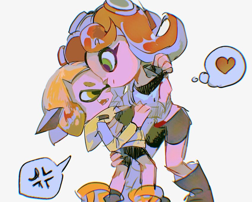 2girls agent_4_(splatoon) anger_vein annoyed black_footwear black_shorts closed_mouth eye_contact face-to-face facing_another fangs feet_out_of_frame forehead-to-forehead from_side green_eyes hand_on_another&#039;s_arm hand_on_another&#039;s_back hand_on_another&#039;s_chest heads_together heart high-visibility_clothing high-visibility_jacket hinann_bot hood hood_down inkling jacket looking_at_another medium_hair multiple_girls nintendo parted_lips short_hair shorts simple_background speech_bubble splatoon_(series) splatoon_2 spoken_anger_vein spoken_heart standing suction_cups takozonesu thick_eyebrows thought_bubble v-shaped_eyebrows white_background yellow_eyes yellow_jacket yuri