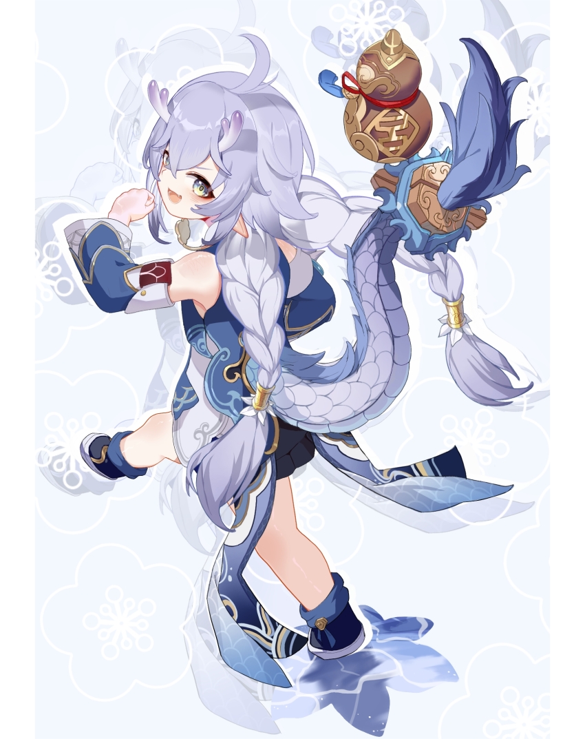 1girl ahoge bailu_(honkai:_star_rail) black_boots blush boots braid chinese_clothes detached_sleeves dragon_girl dragon_horns dragon_tail eastern_dragon_horns eastern_dragon_tail fang green_eyes highres honkai:_star_rail honkai_(series) horns long_hair long_sleeves looking_at_viewer looking_back open_mouth purple_hair purple_scales scytluzt simple_background smile solo tail twin_braids water white_background