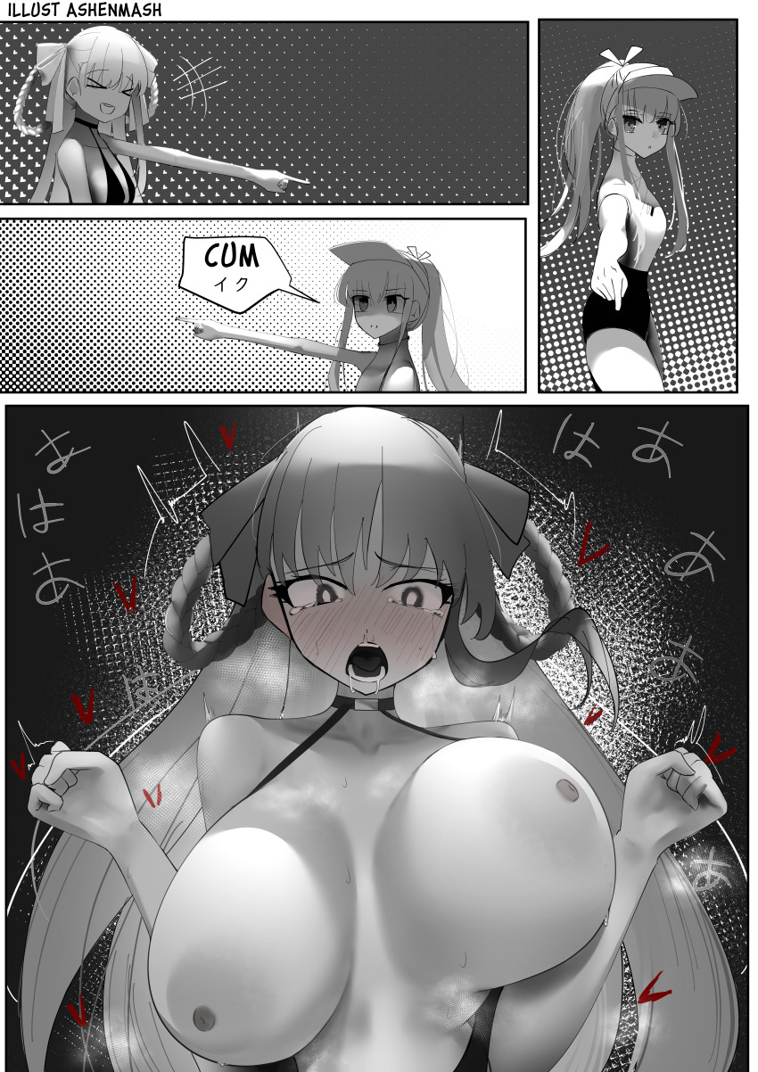&gt;_&lt; 2girls absurdres bb_(fate) bb_dubai_(fate) black_dress blush bouncing_breasts breasts breasts_out center_opening collarbone cyrilashnmsh dress english_text fate/extra fate/extra_ccc fate/grand_order fate_(series) female_orgasm flat_cap forced_orgasm greyscale hair_ribbon hat highres huge_breasts kishinami_hakuno_(female) kishinami_hakuno_(female)_(mooncancer) large_breasts long_hair monochrome multiple_girls nipples no_bra open_mouth orgasm pointing ponytail ribbon saliva speech_bubble tearing_up unaligned_breasts