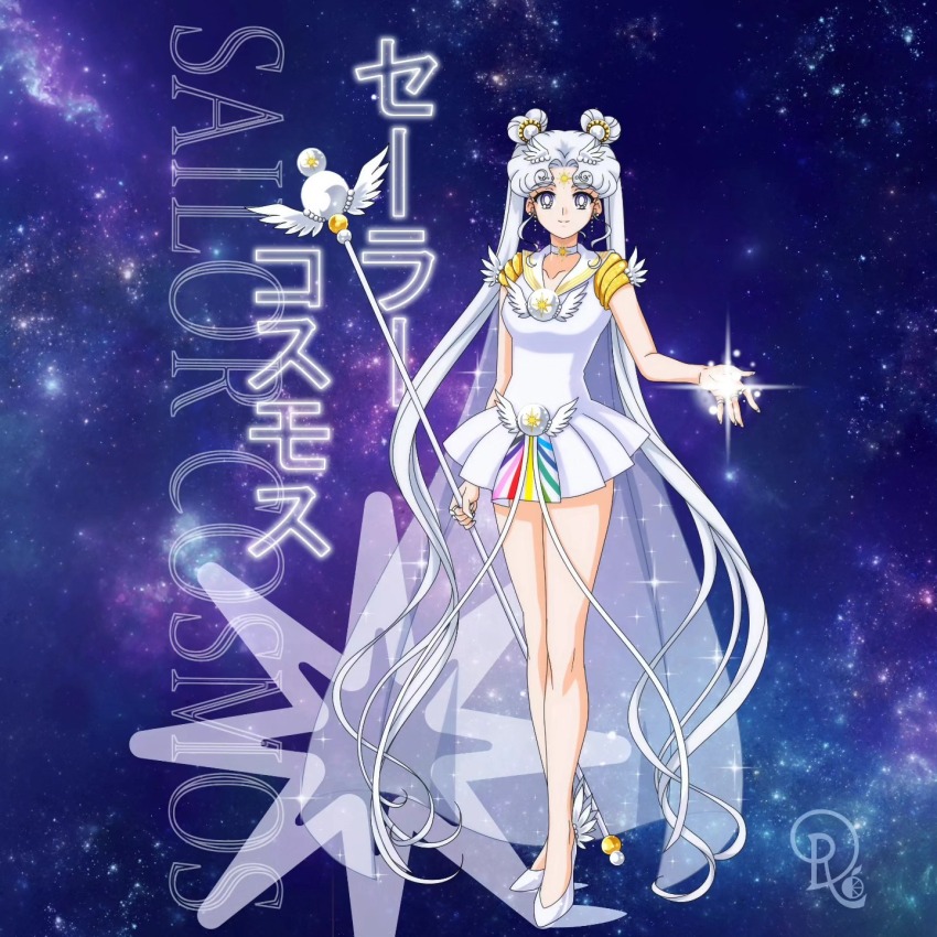 1girl absurdly_long_hair bishoujo_senshi_sailor_moon bishoujo_senshi_sailor_moon_stars breasts cape character_name choker commentary commission double_bun drachea_rannak dress english_commentary facial_mark forehead_mark full_body grey_eyes hair_bun high_heels highres holding holding_staff jewelry long_hair medium_breasts pleated_dress ring sailor_cosmos see-through_clothes see-through_cape short_dress solo space staff twintails very_long_hair watermark white_choker white_hair