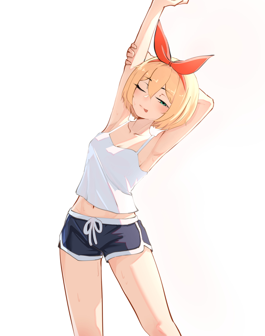 1girl absurdres arm_behind_head arm_up armpits babywipes backlighting black_shorts blonde_hair blush bow camisole commentary cowboy_shot dolphin_shorts english_commentary hair_bow hairband half-closed_eye highres looking_at_viewer navel one_eye_closed petra_leyte re:zero_kara_hajimeru_isekai_seikatsu red_bow short_hair shorts solo stretching sweat thighs tongue tongue_out white_camisole