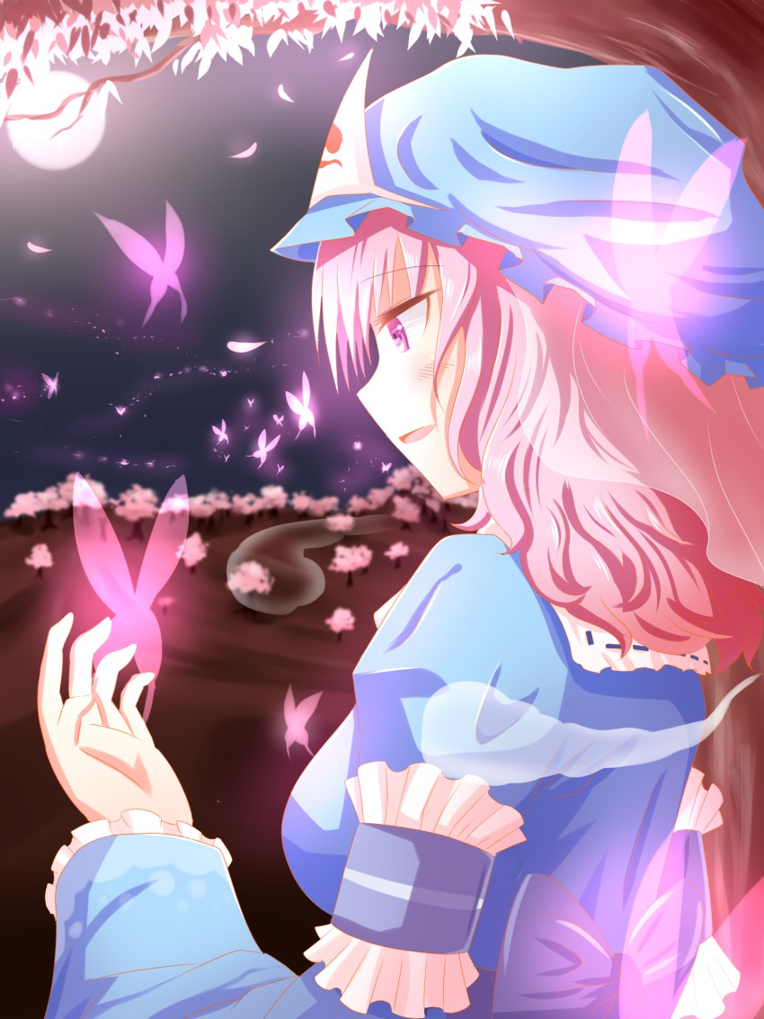 1girl arm_garter bad_id bad_pixiv_id branch bug butterfly cherry_blossoms commentary female_focus full_moon glowing hat highres hitodama insect japanese_clothes kimono mob_cap moon night open_hand open_mouth outdoors pink_eyes pink_hair profile saigyouji_yuyuko short_hair solo touhou tree triangular_headpiece ucukrtz