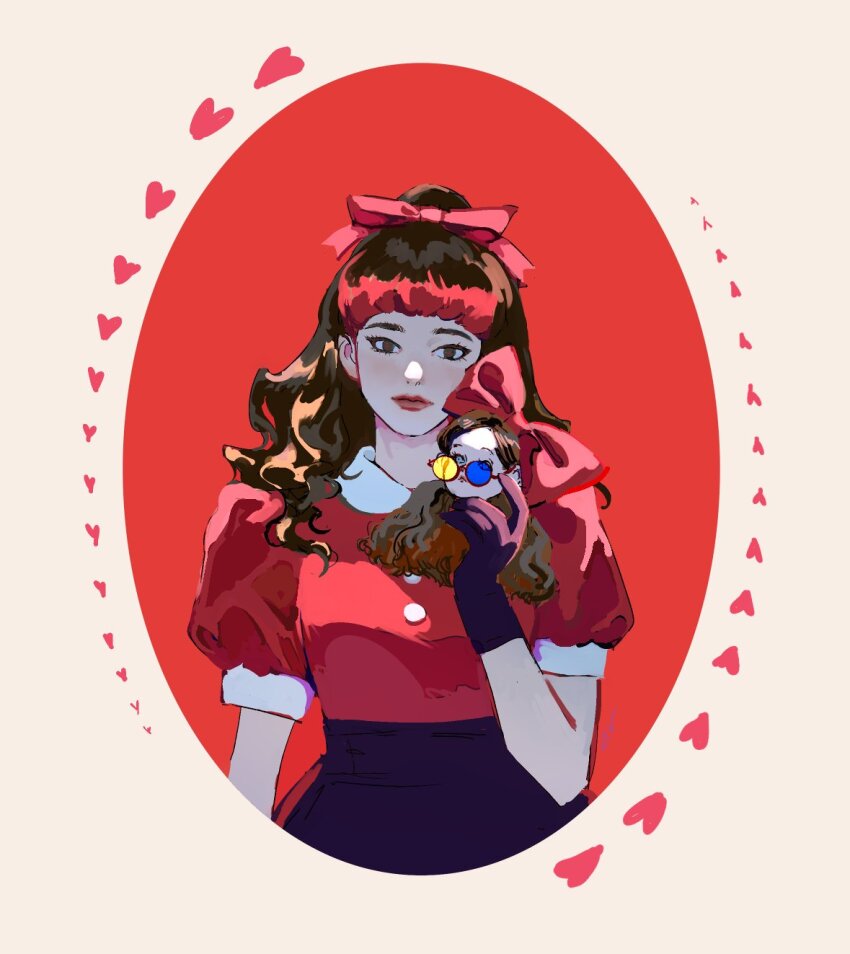1girl animification blue-tinted_eyewear blunt_bangs brown_hair closed_mouth commentary doll dress gloves hair_ribbon half_updo heart highres holding holding_doll huangdanlan long_hair multicolored_hair puffy_short_sleeves puffy_sleeves real_life red_dress red_hair red_ribbon red_velvet_(group) ribbon short_sleeves symbol-only_commentary tinted_eyewear two-tone_eyewear two-tone_hair upper_body