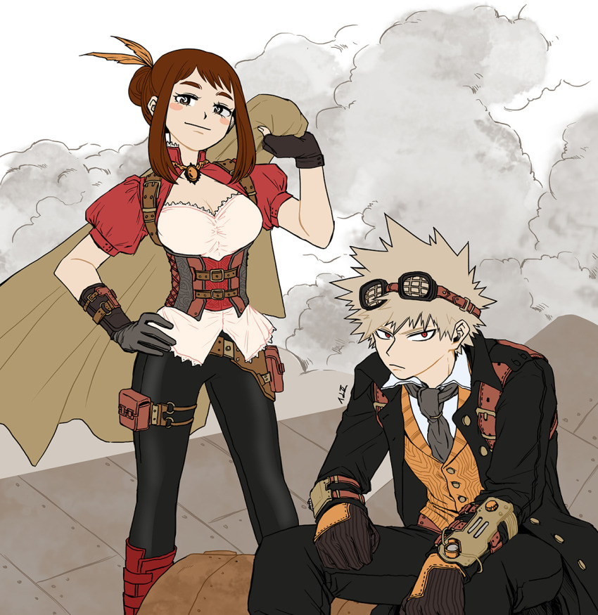 1boy 1girl bakugou_katsuki blonde_hair boku_no_hero_academia breasts brooch brown_eyes brown_hair cleavage cloud cloudy_sky coat collared_shirt dimples feather_hair_ornament gloves goggles goggles_on_head hair_bun hair_ornament highres jacket jewelry large_breasts medium_hair mhasophy official_alternate_costume red_eyes shirt short_hair sky spiked_hair standing steampunk suit_jacket uraraka_ochako vest