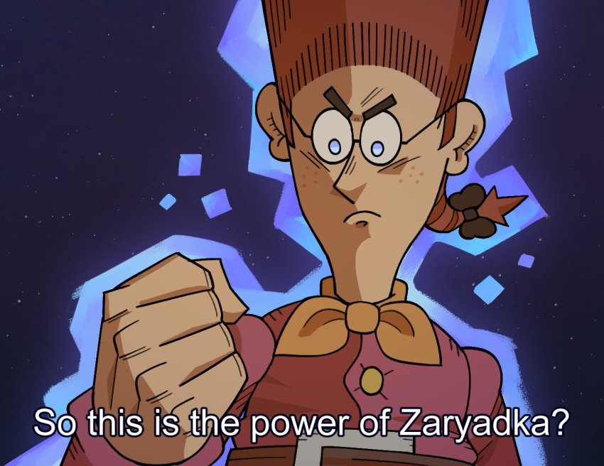 1boy aura belt belt_buckle black-framed_eyewear black_bow bow brown_belt brown_hair buckle clenched_hand commentary commentary_typo dragon_ball dragon_ball_super english_commentary english_text freckles frown glasses glowing glowing_eyes hair_bow jim_hawkins looking_at_hand low_ponytail male_focus medium_hair neckerchief night night_sky official_style orange_neckerchief ponytail red_shirt round_eyewear shirt sky subtitled thef1amethr0wer treasure_island treasure_island_(1988) ultra_instinct v-shaped_eyebrows